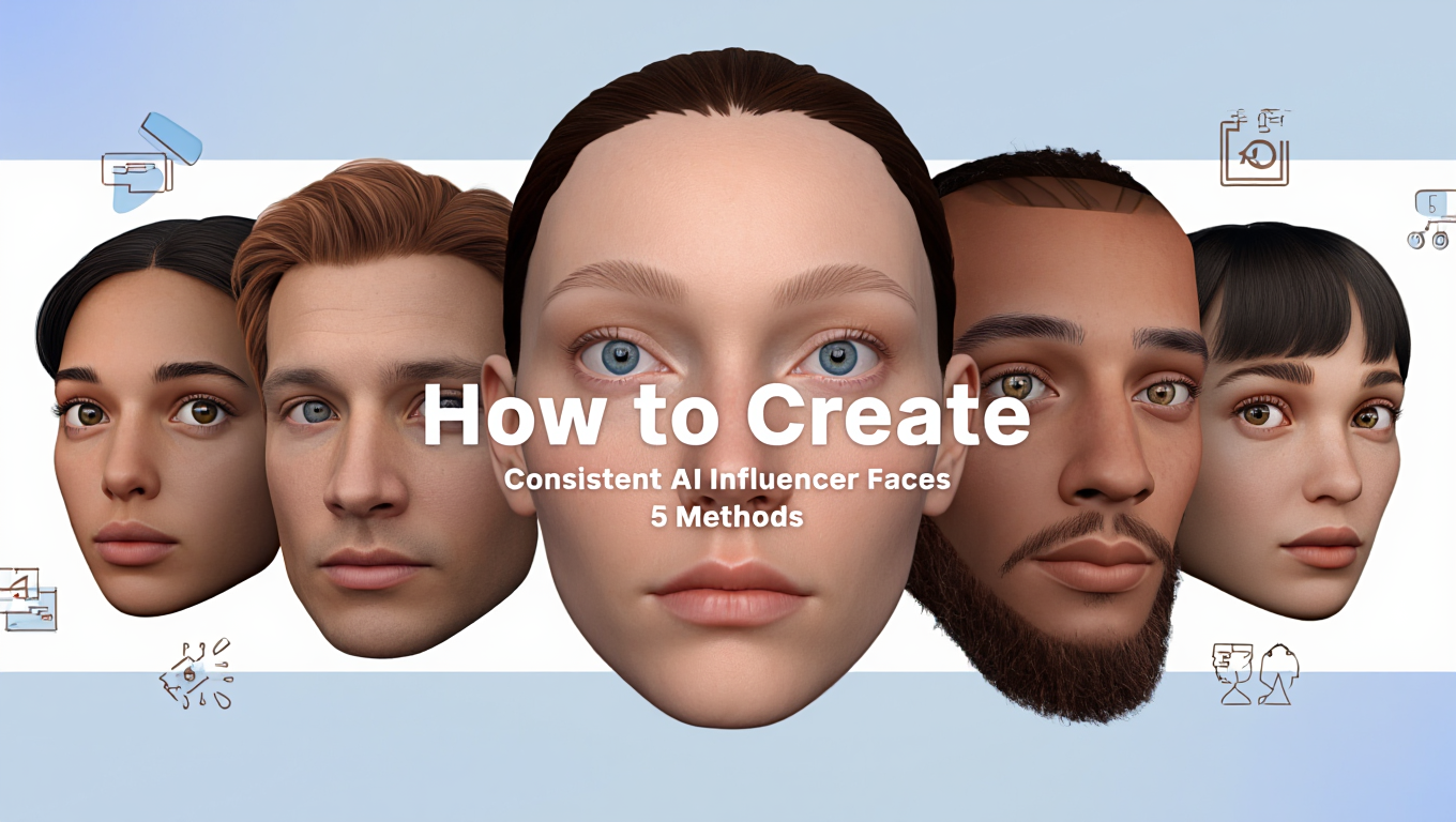 Five AI influencer face consistency methods comparison showing identical character across images