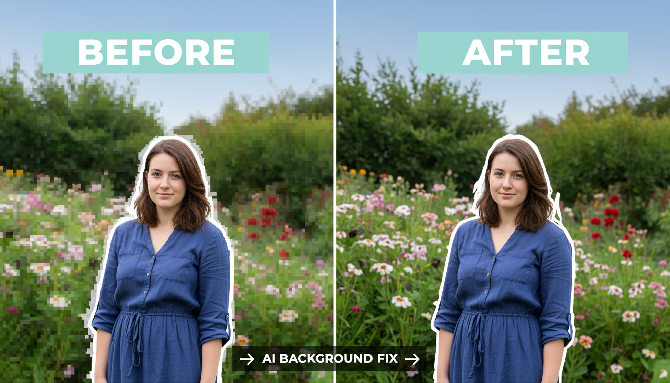 Before and after comparison of AI background artifact fixing