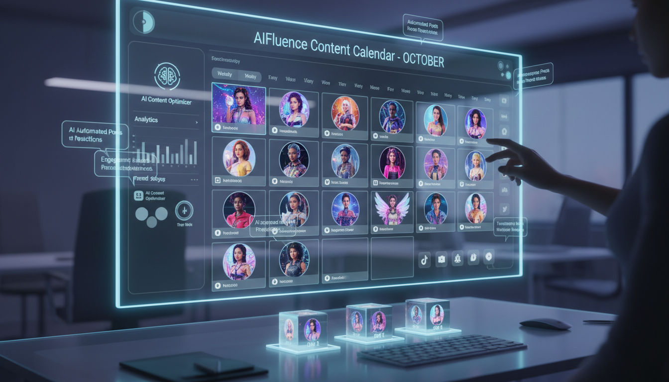 Content calendar planning concept with AI influencer scheduled posts