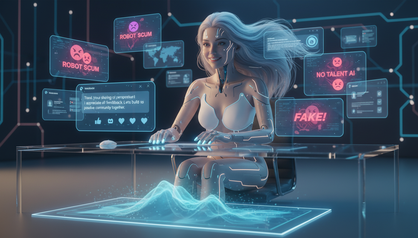 AI influencer handling negative comments and social media criticism concept