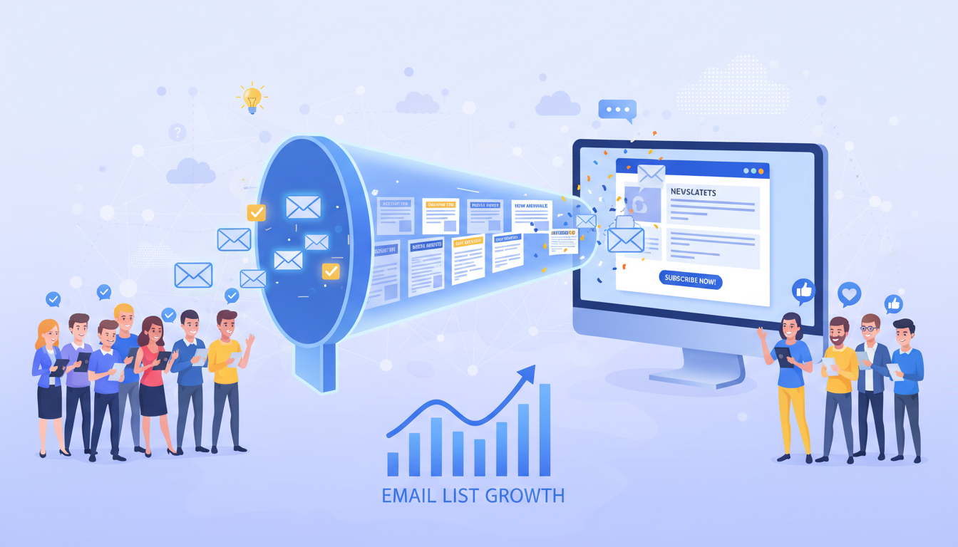 Email list building concept with subscribers and newsletter strategy