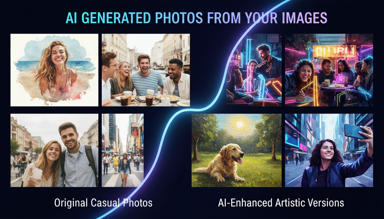 Before and after showing original photos transformed into AI-generated artistic variations