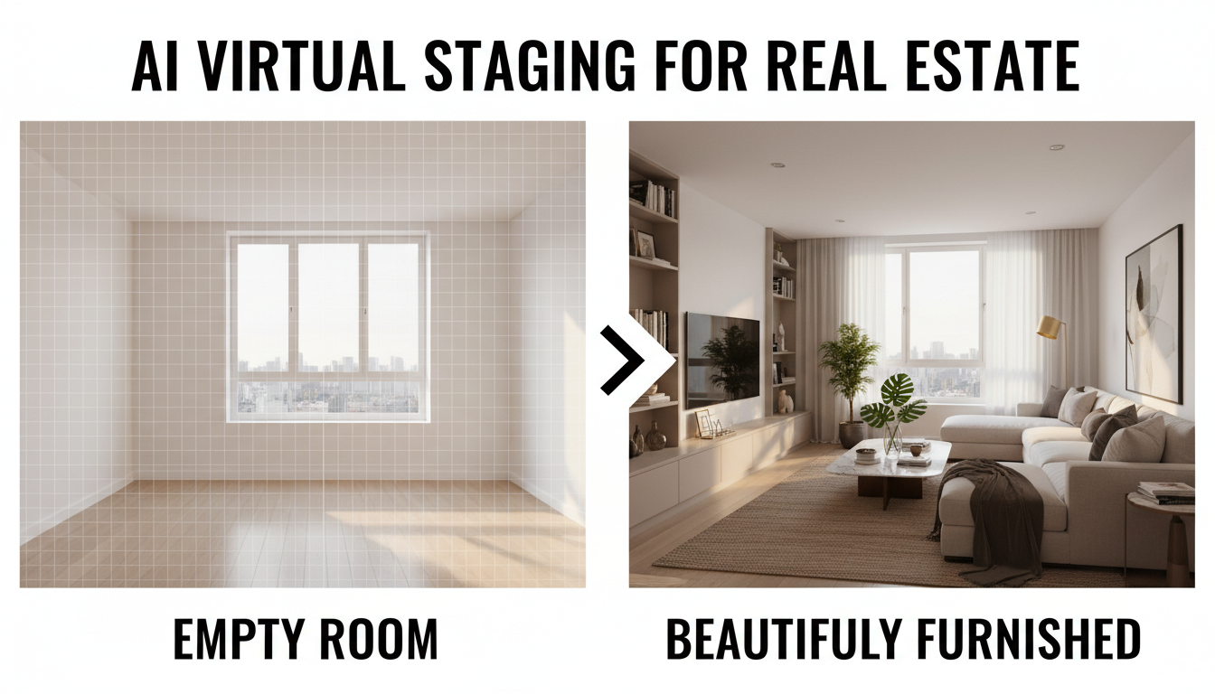 AI virtual staging comparison showing an empty living room transformed into a beautifully furnished modern space with warm lighting