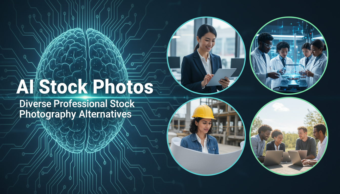 AI stock photos showing diverse professional imagery generated by artificial intelligence as alternatives to traditional stock photography