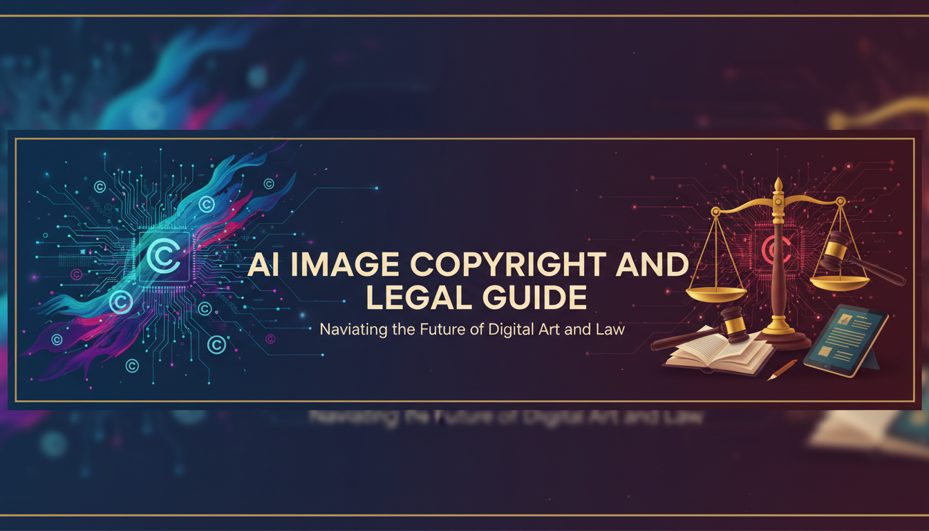 AI image copyright and commercial use legal guide showing copyright symbols and legal scales