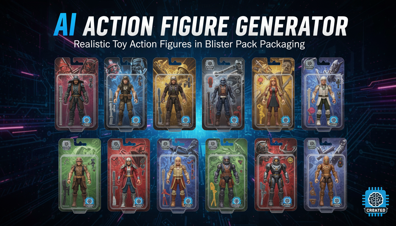 AI-generated action figures displayed in realistic blister pack packaging created with artificial intelligence