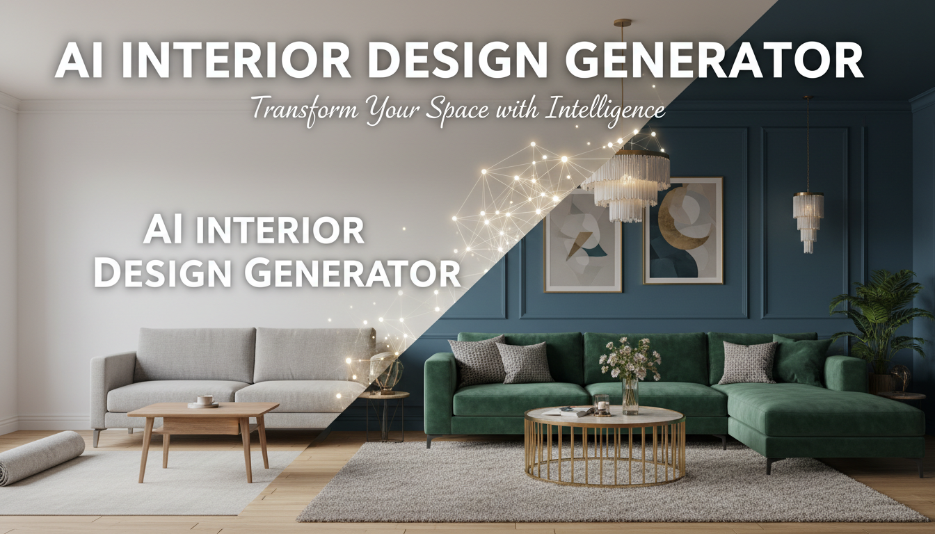 AI interior design generator showing a room transformation from plain empty space to beautifully decorated modern living room