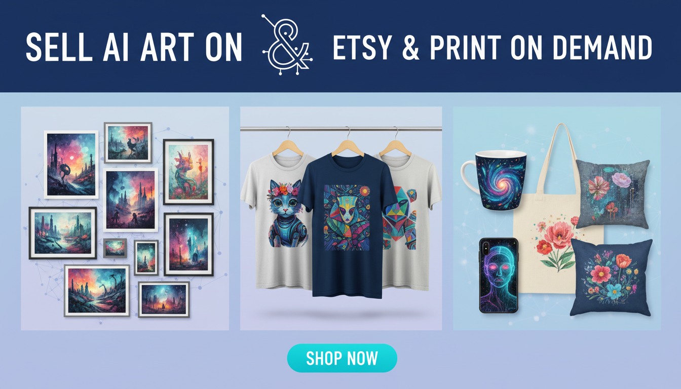 AI-generated art prints, t-shirts, and merchandise displayed for sale on Etsy and print-on-demand platforms