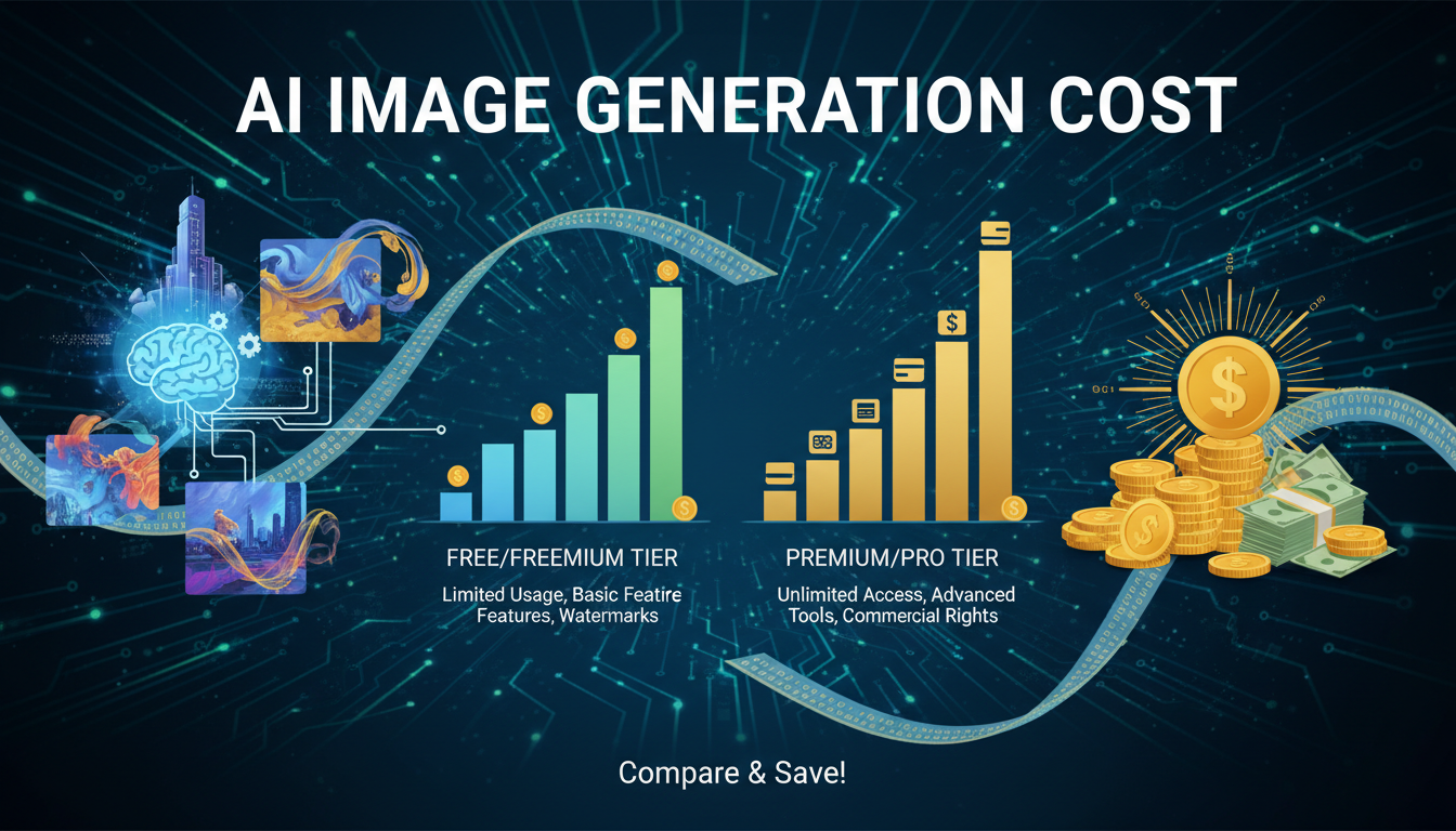 AI image generation cost comparison showing pricing charts and money symbols alongside AI-generated artwork