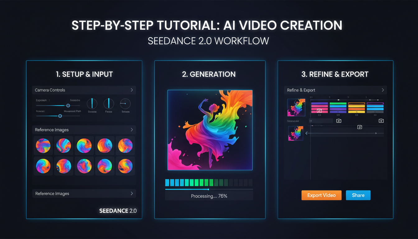 Step-by-step tutorial interface showing Seedance 2.0 AI video generation workflow