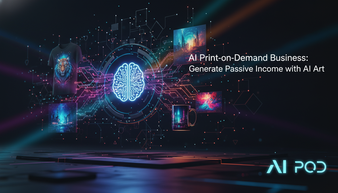 AI-generated art designs on t-shirts, mugs, and posters arranged on a print-on-demand mockup display